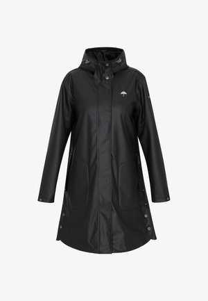 Mustade veekindlad jope kapuutsiga, millel on lukuga eesmine osa, kaks küljetaskut, nupukommid ja logo rinnal. Sile tekstuur.