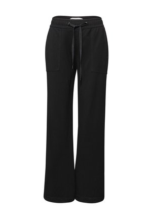 Pantalon de jogging noir à jambes larges avec taille élastique, cordon de serrage et deux poches plaquées à l'avant.