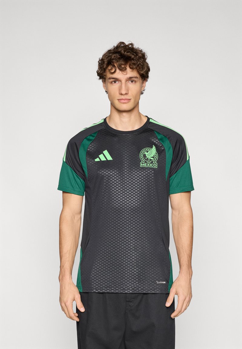 Black and green short-sleeve soccer jersey with a textured pattern, featuring a Mexico logo and Adidas branding on the chest and shoulders.