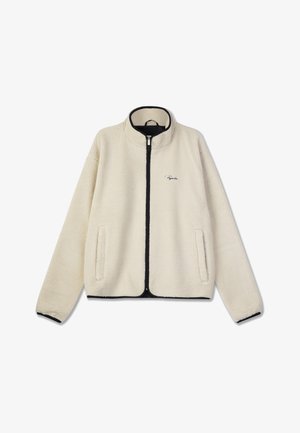 Fleece jacket in cream with a high collar, zip front, two side pockets, and black trim along the collar and hem. Features minimal branding.
