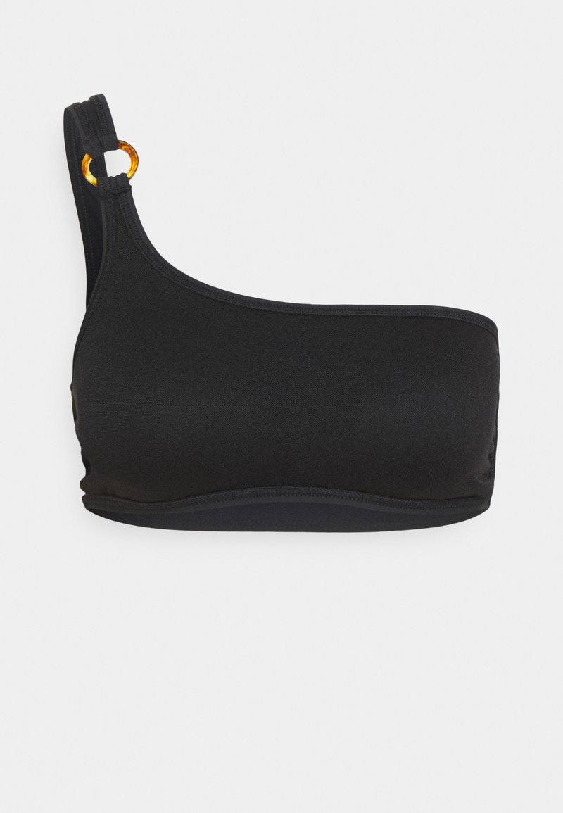 Juodos vienos peties bikinio viršus, pagamintas iš lygaus audinio, su apvaliu oranžiniu akcentu ant petnešos ir be siūlių, sleek dizainu.