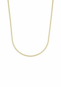 Collar de cadena en tono dorado, con un diseño liso, redondeado y flexible, con eslabones interconectados, creando una apariencia pulida.