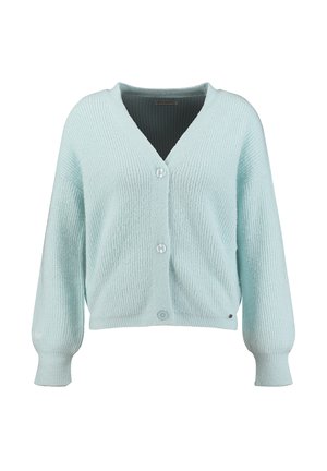 Jasnoniebieski prążkowany kardigan na guziki z dekoltem w serek, trzema guzikami z przodu, długimi rękawami i lekko skróconym fasonem.