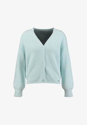 Hellblauer, gerippter Strickcardigan mit V-Ausschnitt, drei vorderen Knöpfen, langen Ärmeln und leicht verkürzter Passform.