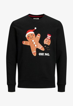 Czarna bluza z grafiką ciasteczek piernikowych w czapkach Mikołaja oraz napisem "OH NO." Wykonana z tkaniny o gładkiej teksturze.