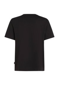 Sorte bomulds T-shirt med rund hals, korte ærmer og en løs pasform. Har et mærke på siden og en glat tekstur.