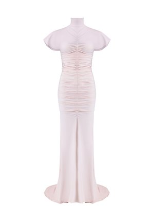 Pale pink fitted dress with cap sleeves, high neck, and ruching details along the bodice. Flared hem at the bottom, smooth texture.