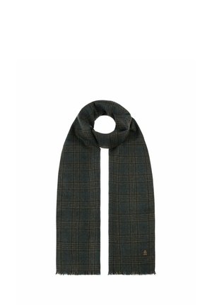 Dark green and gray plaid wool scarf with a small embroidered logo near one end, displayed flat with one looped end.