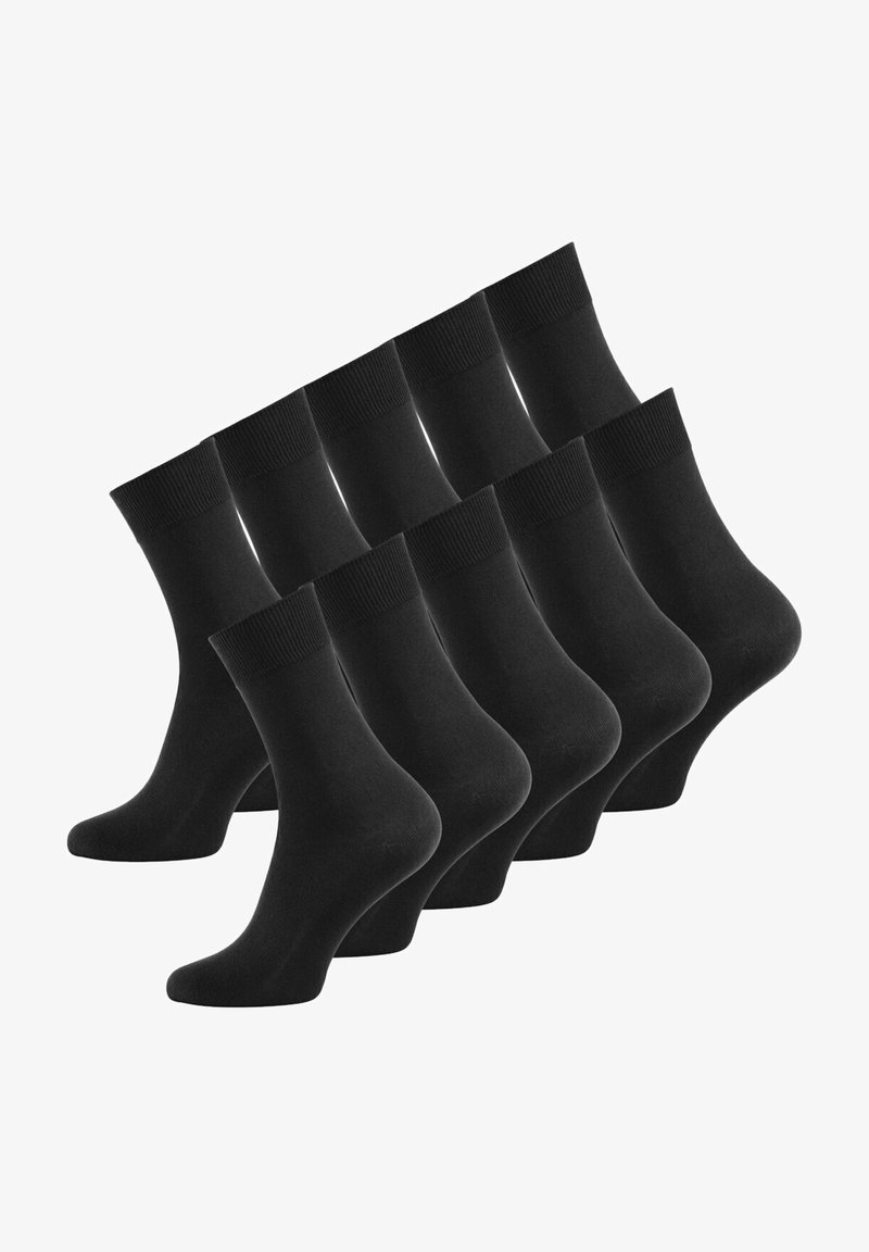 Calze nere in cotone con bordo a coste e punta senza cuciture, disposte in un set di dieci. Il tessuto è liscio e uniforme nel colore.
