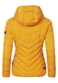 Yellow puffer jacket with a chevron quilted design, a hood, and elastic cuffs. Features a logo patch on the left sleeve.
