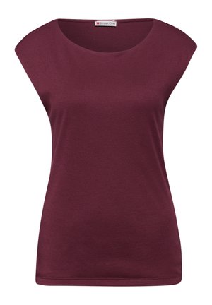 Damski top bez rękawów w ciemnym kolorze burgundowym z okrągłym dekoltem i lekkim zakryciem ramion, oznaczony marką "Street One".