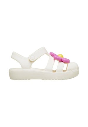 Sandalo bianco da bambino con decorazione floreale rosa e gialla e cinturino posteriore con chiusura a bottone.