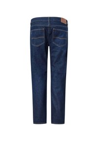 Temno modri jeans z ravnim krojem. Ima dva zadnja žepa, kontrastno rumeno šivanje in temnorjavo usnjeno oblogo na pasu.