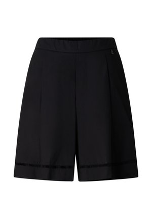 Black high-waist shorts with a wide waistband and subtle hem detailing, tailored with front pleats for a structured fit.