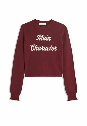 Maroon long-sleeve cropped sweater with ribbed cuffs and the white text "Main Character" on the front.