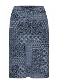 Sukně ke kolen s vzorem, která kombinuje tmavě modré a světle modré designy, včetně květinových a geometrických motivů, s měkkou texturou látky.