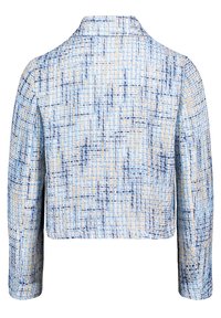 Blue and cream textured jacket with a cropped design, collared neckline, and long sleeves, featuring a woven pattern throughout.