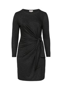 Schwarzes Kleid mit langen Ärmeln, das über ein verdrehtes Knotendetail an der Taille und einen strukturierten Stoff mit subtilen Sprenkeln verfügt.