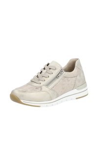 Sneaker beige con una toma superiore testurizzata, chiusura con lacci e zip laterale. Presenta una suola ammortizzata, un midsole bianco e leggeri dettagli a motivi.