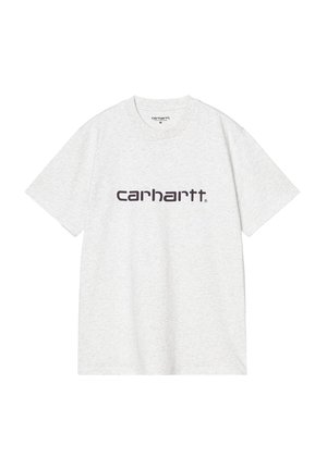 Jasnoszary T-shirt z krótkim rękawem i okrągłym dekoltem, z nadrukiem logo "carhartt" w ciemnych, pogrubionych literach na wysokości klatki piersiowej.