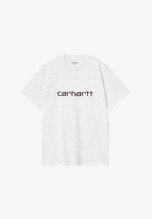 T-shirt grigio chiaro a maniche corte con scollo girocollo e logo "carhartt" stampato in lettere scure e in grassetto sul petto.
