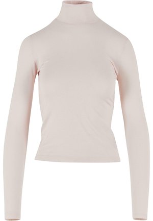 Haut à manches longues et col montant en tissu rose doux, présentant une silhouette ajustée et une texture lisse sans motifs ou embellissements supplémentaires.