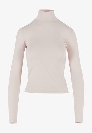 Ilgi piedurkņu augsta kakla tops maiga rozā auduma, ar pieguļošu siluetu un gludu tekstūru bez papildu rakstiem vai rotājumiem.