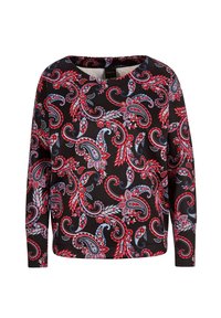 Schwarzes Langarmoberteil mit einem lebhaften rot-blauen Paisley-Muster. Runder Ausschnitt; weicher Stoff mit glatter Textur.