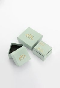 Minzgrüne Boxen mit goldenem "elli" Branding, bestehend aus zwei quadratischen Boxen; eine davon offen und zeigt ein schwarzes Innenleben. Papiermaterial, sauberes Design.