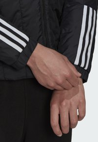 Zwarte pufferjas met witte strepen op de mouwen. Voorzien van elastische manchetten, ritssluiting en een gladde textuur. Handen zichtbaar die de jas aanpassen.