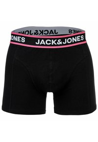 Svarta boxershorts med en åtsittande passform. Har en svart midja med vita och rosa detaljer, märkt "JACK & JONES." Mjuk tygtextur.