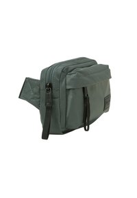 Una borsa a vita compatta di tessuto verde scuro con due scomparti con cerniera e linguette nere, mostrata su uno sfondo bianco.