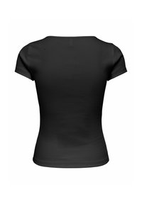 Chemise noire ajustée à manches courtes montrée de dos avec un grand décolleté sur fond blanc.