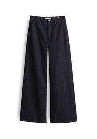 Wide-leg denim pants in dark blue, featuring orange stitching, a button closure, and two front pockets. Smooth texture with a clean finish.