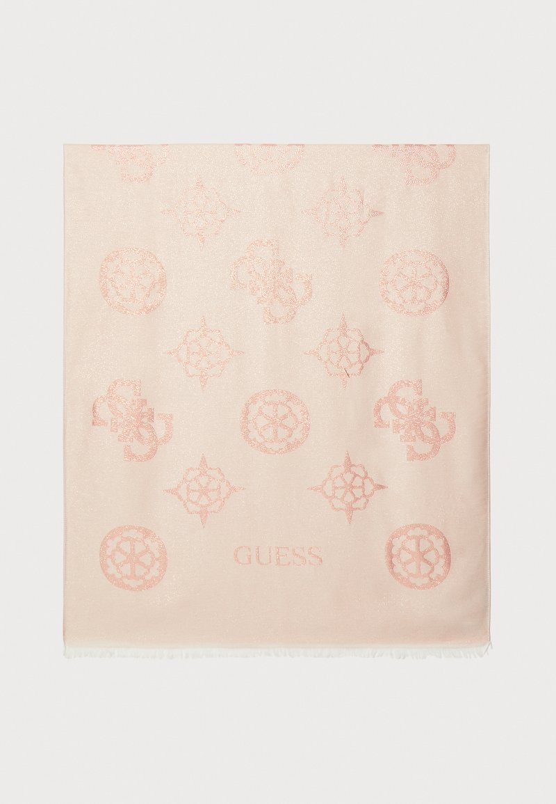 Lys rosa tørklæde med dekorative mønstre, herunder cirkulære motiver og geometriske former. Har en subtil glans og frynsede kanter. Logoet vises.