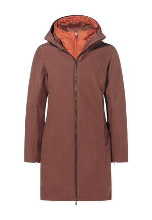 Brown waterproof parka with a detachable hood, zip closure, and orange inner lining. Features straight cut and minimalist design.
