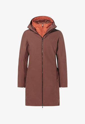 Parka impermeabile marrone con cappuccio staccabile, chiusura con zip e fodera interna arancione. Presenta una vestibilità dritta e un design minimalista.
