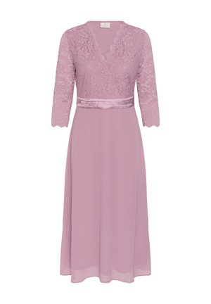 Abito color malva fino al ginocchio con corpino e maniche in pizzo, scollatura a V, cintura in raso e gonna fluente in chiffon.