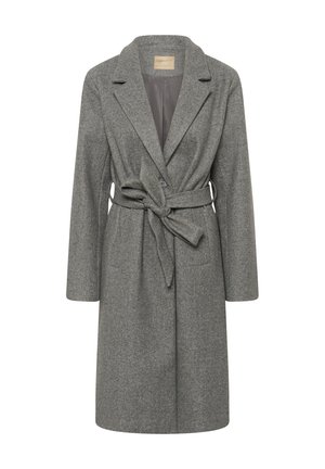 Sivi kaput od mješavine vune s reverom s urezom, dugim rukavima i remenom vezanim u struku. Ima dva prednja džepa i glatku unutarnju podstavu.