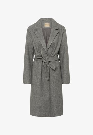 Sivi kaput od mješavine vune s reverom s urezom, dugim rukavima i remenom vezanim u struku. Ima dva prednja džepa i glatku unutarnju podstavu.