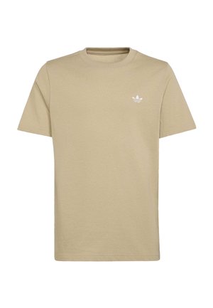 Beige T-shirt med korte ærmer og rund hals med lille hvidt Adidas trefoil-logo på venstre bryst.
