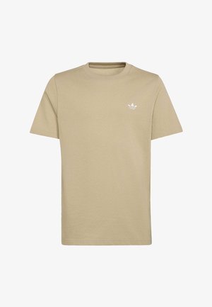 Beige T-shirt med korte ærmer og rund hals med lille hvidt Adidas trefoil-logo på venstre bryst.