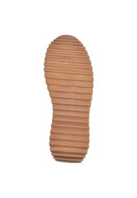 Suola di scarpa in gomma di colore beige chiaro, con righe orizzontali per migliorare la trazione. Taglia 37 segnato sulla suola. Texture liscia con forma curvata.
