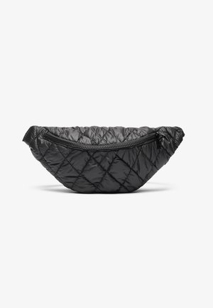 Black quilted fabric bag with a curved design, featuring a zippered pocket at the front and a smooth, shiny texture.
