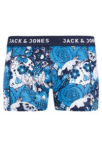 Boxers pour hommes en bleu et blanc avec des motifs floraux, une taille navy avec le texte "JACK & JONES" et une coupe ajustée.