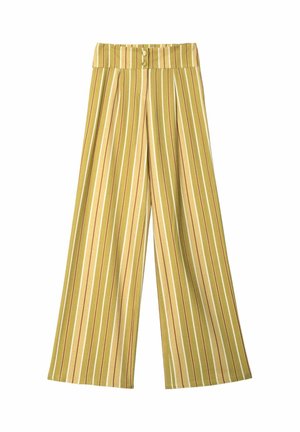 Pantalones de pierna ancha con rayas verticales en amarillo, beige, blanco y marrón, con una cintura alta y dos botones.