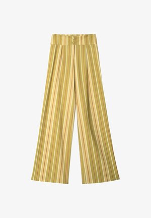 Pantalones de pierna ancha con rayas verticales en amarillo, beige, blanco y marrón, con una cintura alta y dos botones.