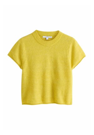 Short-sleeve, round-neck sweater in bright yellow. Soft texture with a tidy knit; slightly relaxed fit, straight hem. Brand label visible.