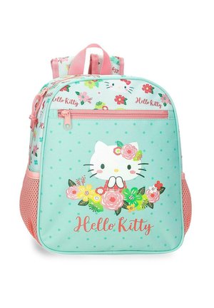 Mochila Hello Kitty en verde menta y rosa con patrones florales y bolsillos laterales de malla rosa.
