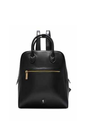 Czarny skórzany plecak z złotym suwakiem z przodu, dwoma uchwytami i regulowanymi paskami na ramiona.